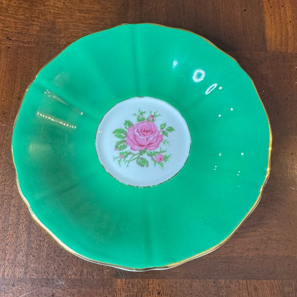 Adderley Bone China Made in England Teacup Saucer Teal Rose Roses